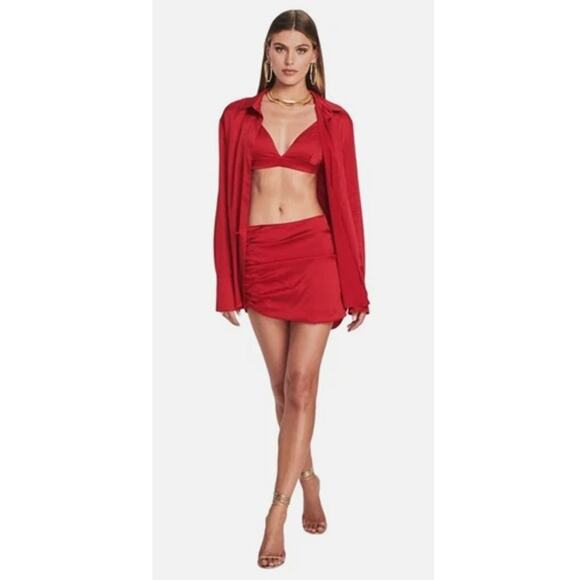 SER.O.YA Sapo Red Ruched Mid Rise Silk Mini Skirt Party Clubwear Seroya Size M - Picture 1 of 14